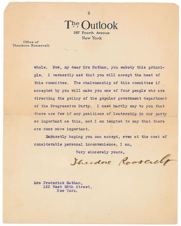 Lot #51 Theodore Roosevelt: Roosevelt to the prospective head of the Suffrage Committee in the Progressive Service—