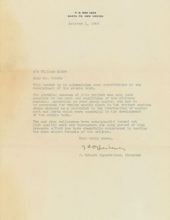 Lot #325 Robert Oppenheimer: Oppenheimer recognizes a Manhattan Project machinist's 