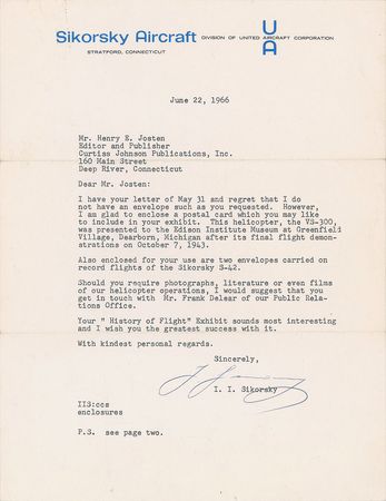 Lot #429 Igor Sikorsky Typed Letter Signed - Image 1