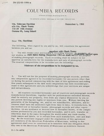 Lot #726 Coleman Hawkins Signed Document - Image 1