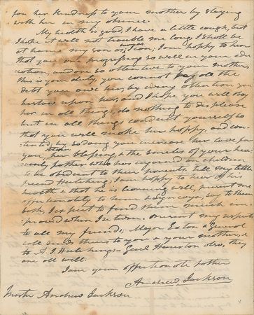 Lot #14 Andrew Jackson: Senator Jackson sends advice to his son?