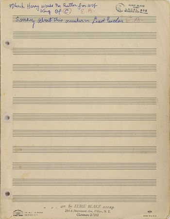 Lot #675 Eubie Blake: Handwritten music for Eubie Blake's 