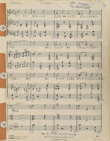 Lot #675 Eubie Blake: Handwritten music for Eubie Blake's 