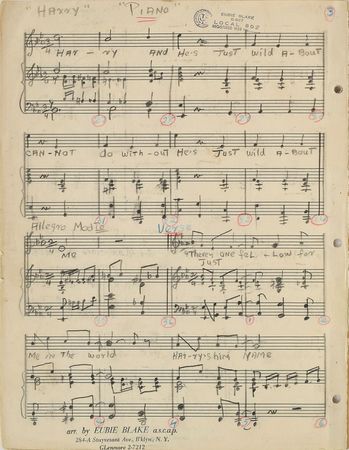 Lot #675 Eubie Blake: Handwritten music for Eubie Blake's 