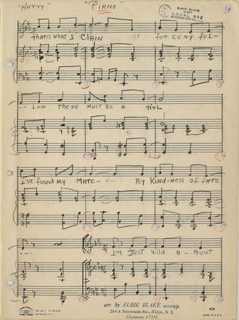 Lot #675 Eubie Blake: Handwritten music for Eubie Blake's 