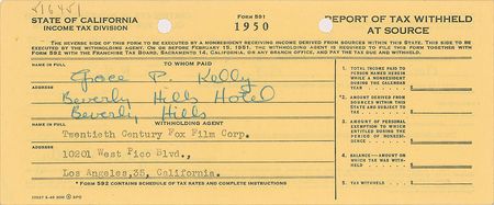 Lot #849 Grace Kelly: California 1950 exemption certificate signed twice by 