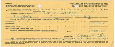Lot #849 Grace Kelly: California 1950 exemption certificate signed twice by 