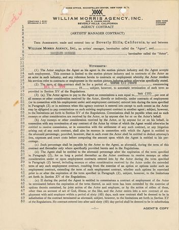 Lot #858 Marilyn Monroe: Agency contract signed in Monroe's breakthrough year - Image 1