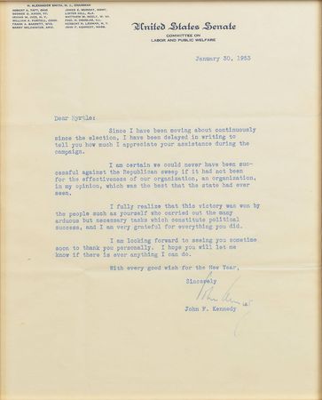 Lot #83 John F. Kennedy: Thanking a campaign volunteer: 