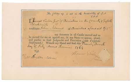 Lot #2 John Adams: Unusual legal document by the