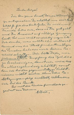 Lot #185 Albert Einstein: Extraordinary handwritten postcard from Einstein to his first wife - Image 1