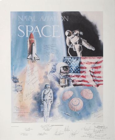 Lot #470 Naval Aviation in Space: Remarkable ‘Naval Aviation’ print signed by two dozen space explorers - Image 1