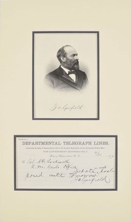 Lot #45 James A. Garfield: House of Representatives telegraph filled out by Garfield - Image 1