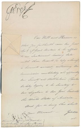 Lot #238 King George III: An 1809 appointment for the legation to “Our good Friends the United States of America” - Image 1