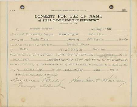 Lot #63 Herbert Hoover: Hoover consents to be named 