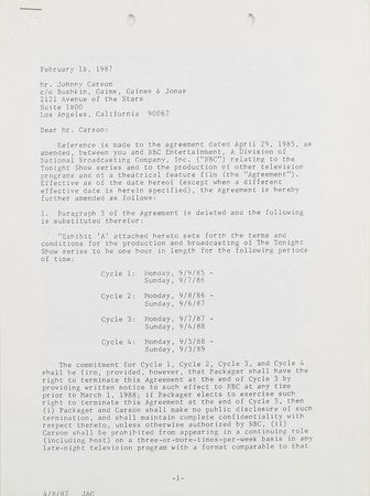 Lot #812 Johnny Carson Signed Document - Image 1