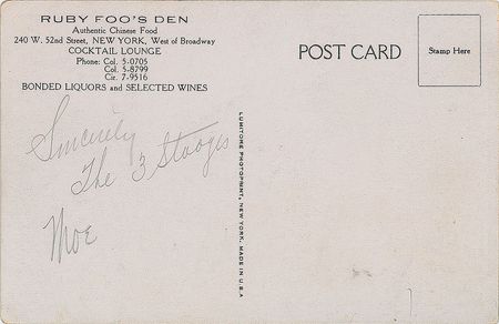 Lot #802 Three Stooges: Classic Stooges signatures of Moe, Larry, and Curly - Image 1