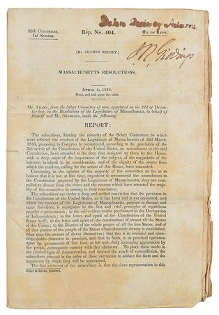 Lot #13 John Quincy Adams: 1844 Massachusetts Resolutions report from John Quincy Adams, seeking to postpone an amendment to the US Constitution - Image 1