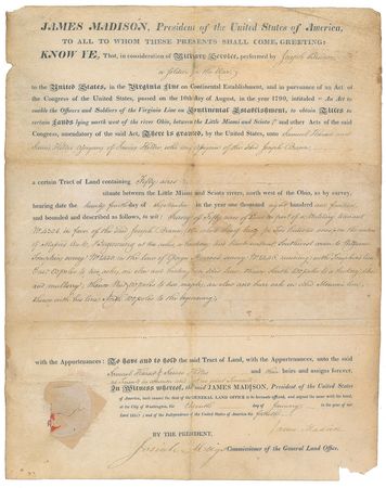 Lot #8 James Madison: Land grant for Revolutionary