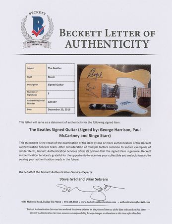 Lot #3052  Beatles: McCartney, Harrison, and Starr Signed Guitar - Image 2