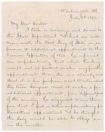 Lot #16 James A. Garfield: Congressman Garfield recommends a commissioner 
