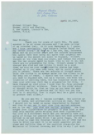 Lot #477 Raymond Chandler: Letters to a fellow crime writer on taxes, royalties, and Alfred Hitchcock - Image 1