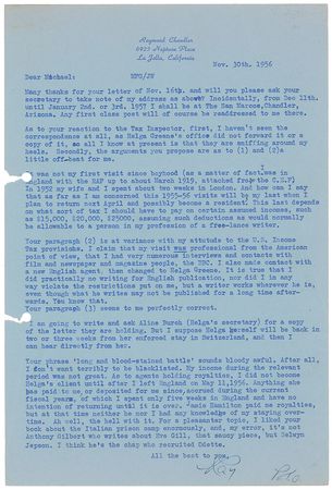 Lot #477 Raymond Chandler: Letters to a fellow crime writer on taxes, royalties, and Alfred Hitchcock - Image 3