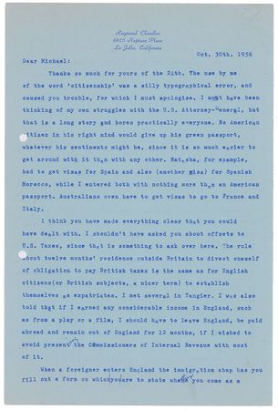 Lot #477 Raymond Chandler: Letters to a fellow crime writer on taxes, royalties, and Alfred Hitchcock - Image 4