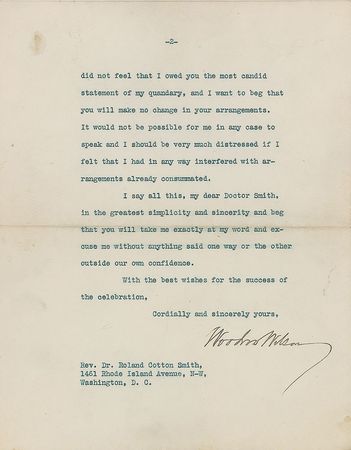 Lot #23 Woodrow Wilson: President Wilson declines an invitation upon learning that 
