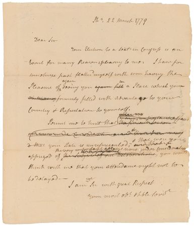 Lot #125 John Jay: As president of the Continental Congress, John Jay welcomes Delaware's newly elected delegate - Image 1