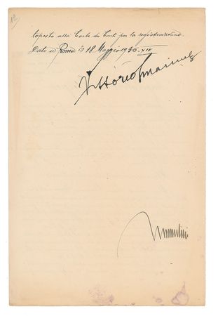 Lot #257 Benito Mussolini and Vittorio Emanuele III Signed Document - Image 2
