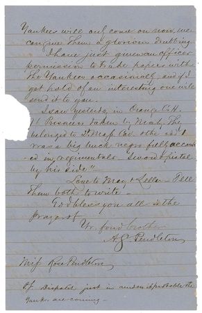 Lot #310 Sandie Pendleton: Seven months before being killed in battle, Pendleton observes a sermon: 