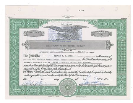 Lot #775 Steve McQueen: Unusual stock certificate signed twice, ?Steven T. McQueen