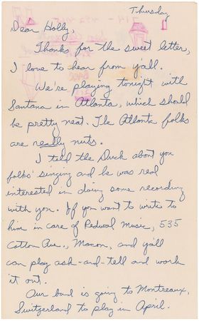 Lot #604 Allman Brothers: Duane Allman: Rare letter from 'Skydog,' the cofounder of the Allman Brothers Band - Image 1