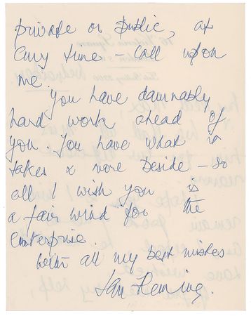 Lot #494 Ian Fleming: Fleming writes to the son of on-again, off-again friend, Lord Beaverbrook: “You have damnably hard work ahead of you” - Image 1