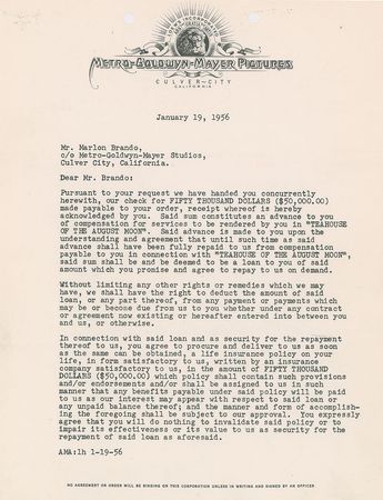 Lot #752 Marlon Brando: Brando's $50,000 advance for Teahouse of the August Moon - Image 2