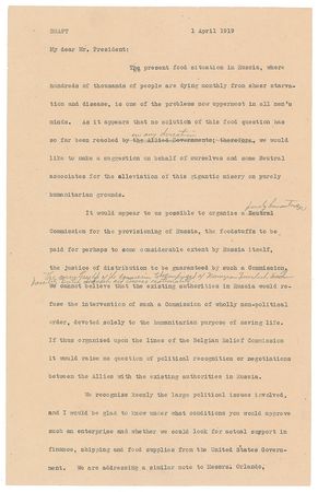 Lot #27 Herbert Hoover: Hoover and Nansen lead a humanitarian relief effort, aiming to solve the 