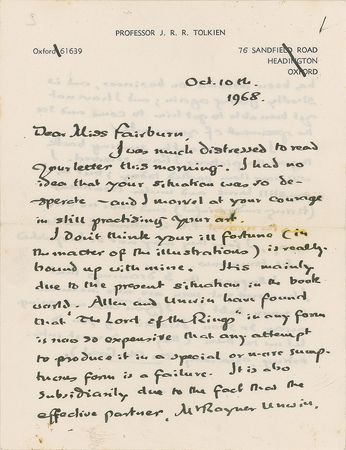 Lot #534 J. R. R. Tolkien: ?I decided long ago not to have The Lord of the Rings illustrated,? writes Tolkien to an amateur artist, ?After seeing your specimens I am beginning to change my mind? - Image 1