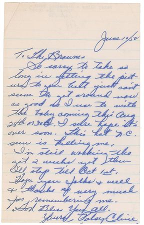 Lot #601 Patsy Cline Handwritten Letter Signed - Image 1