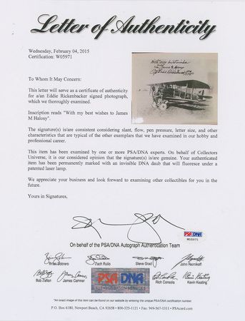 Lot #377 Eddie Rickenbacker Signed Photograph - Image 2