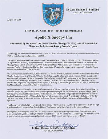 Lot #4296 Tom Stafford's Flown Apollo 10 Snoopy Pin - Image 3