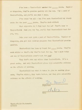 Lot #9293 Stan Musial: Musial sponsors Chesterfield cigarettes—