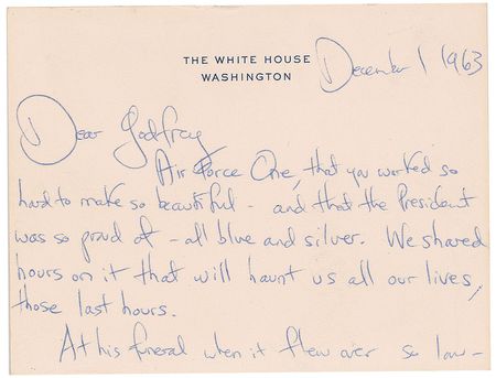 Lot #83 Jacqueline Kennedy Autograph Letter Signed: To her Air Force One consoler: 