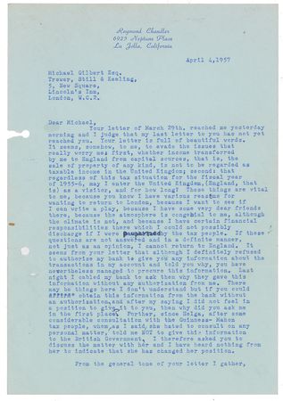 Lot #543 Raymond Chandler: Letters to a fellow crime writer on taxes and 