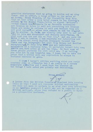 Lot #543 Raymond Chandler: Letters to a fellow crime writer on taxes and 