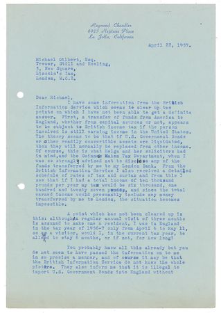 Lot #543 Raymond Chandler: Letters to a fellow crime writer on taxes and 