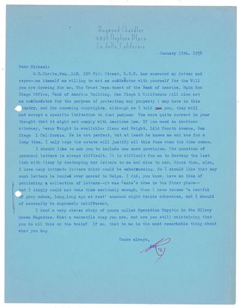 Lot #543 Raymond Chandler: Letters to a fellow crime writer on taxes and 