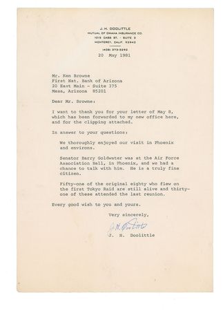 Lot #434 James H. Doolittle Signed Photograph and Letter - Image 2