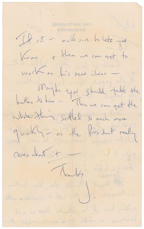 Lot #53 Jacqueline Kennedy Group of (5) Autograph Notes and Letters: Jackie on the Peace Corps logo, arts funding, and the sale of an unapproved picture - Image 2
