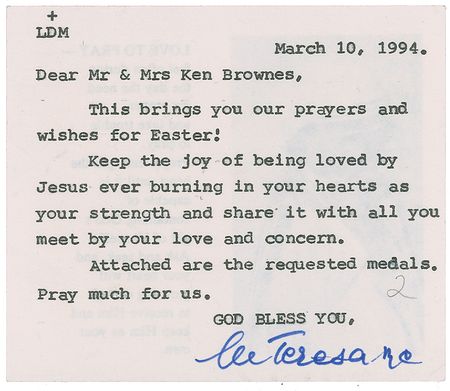 Lot #343 Mother Teresa Typed Letter Signed - Image 1